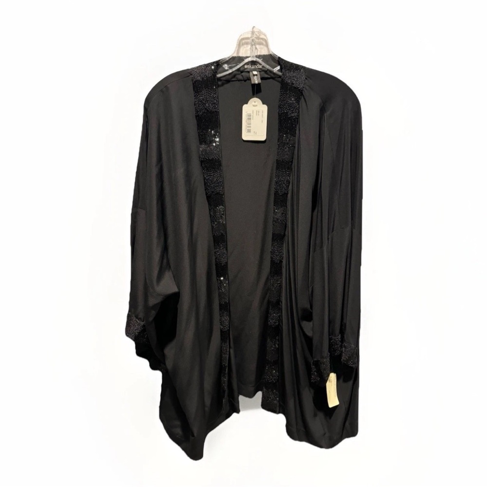 Eskandar Black Silk Beaded Trim Long Open Jacket Cardigan Size 1 $2590 RRP